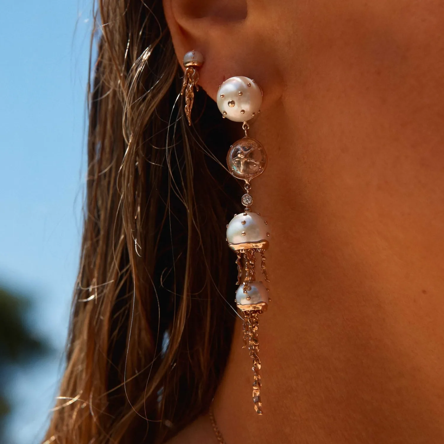 Bibi van der Velden Jellyfish White Pearls and Quartz Drop Earring with Diamonds Shop