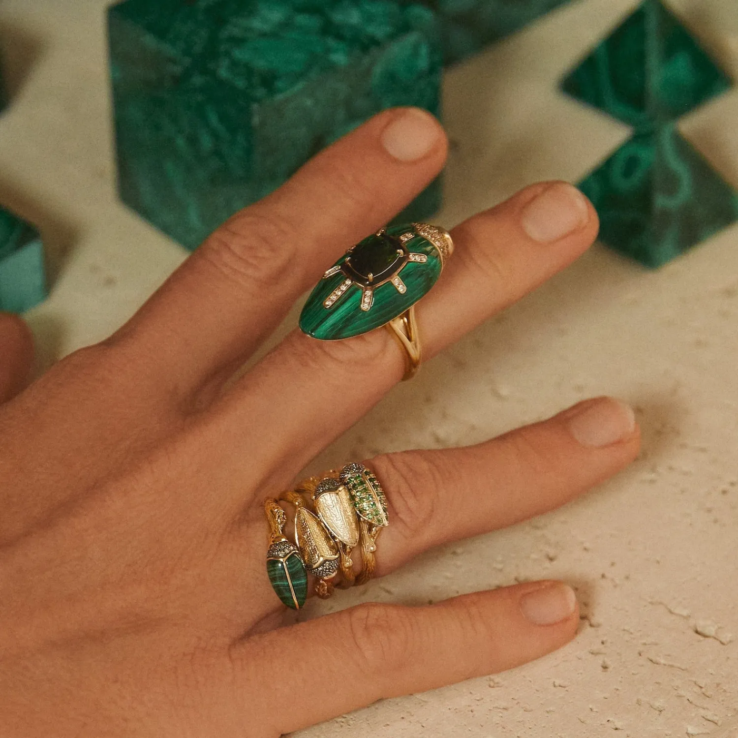 Bibi van der Velden Scarab Malachite Ring with Green Tourmaline Shop