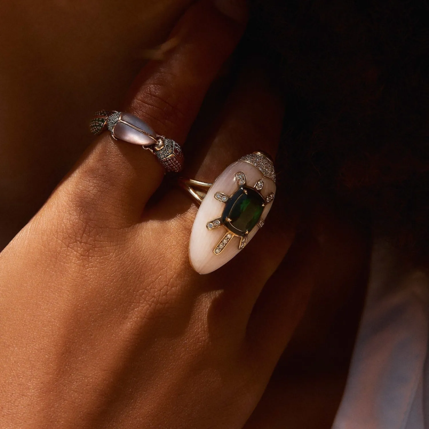 Bibi van der Velden Scarab Pink Opal Ring with Green Tourmaline Clearance