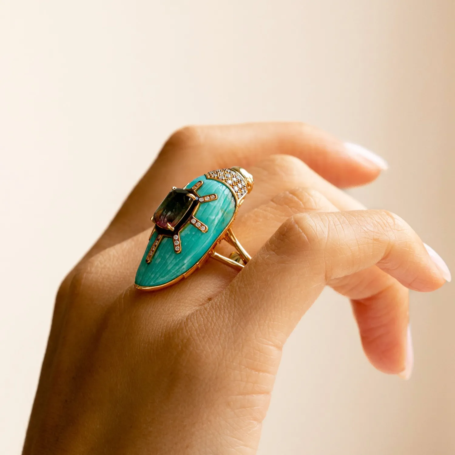 Bibi van der Velden Scarab Turquoise Ring with Watermelon Tourmaline Shop